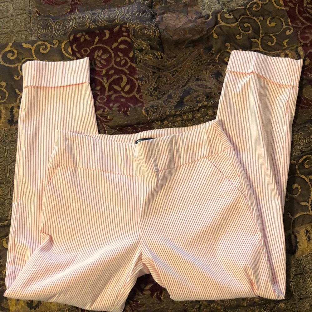 coral and white striped pants